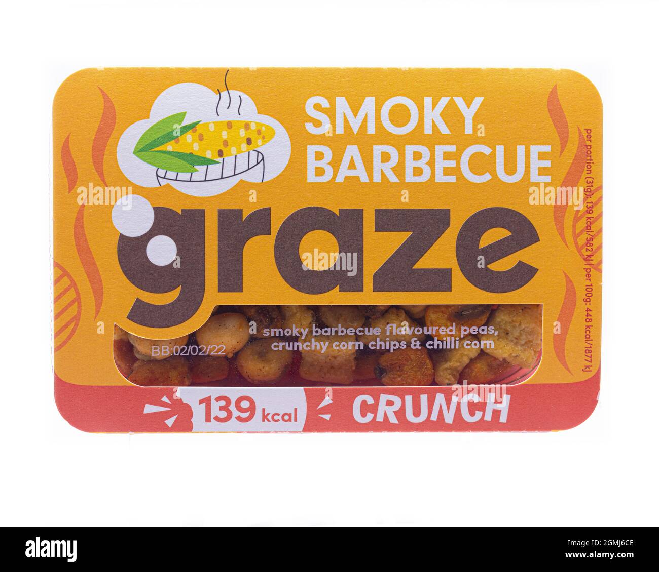 SWINDON, UK - SEPTEMBER 18, 2021: Graze Smoky Barbecue Crunch with peas, corn chips and chilli on a white background Stock Photo