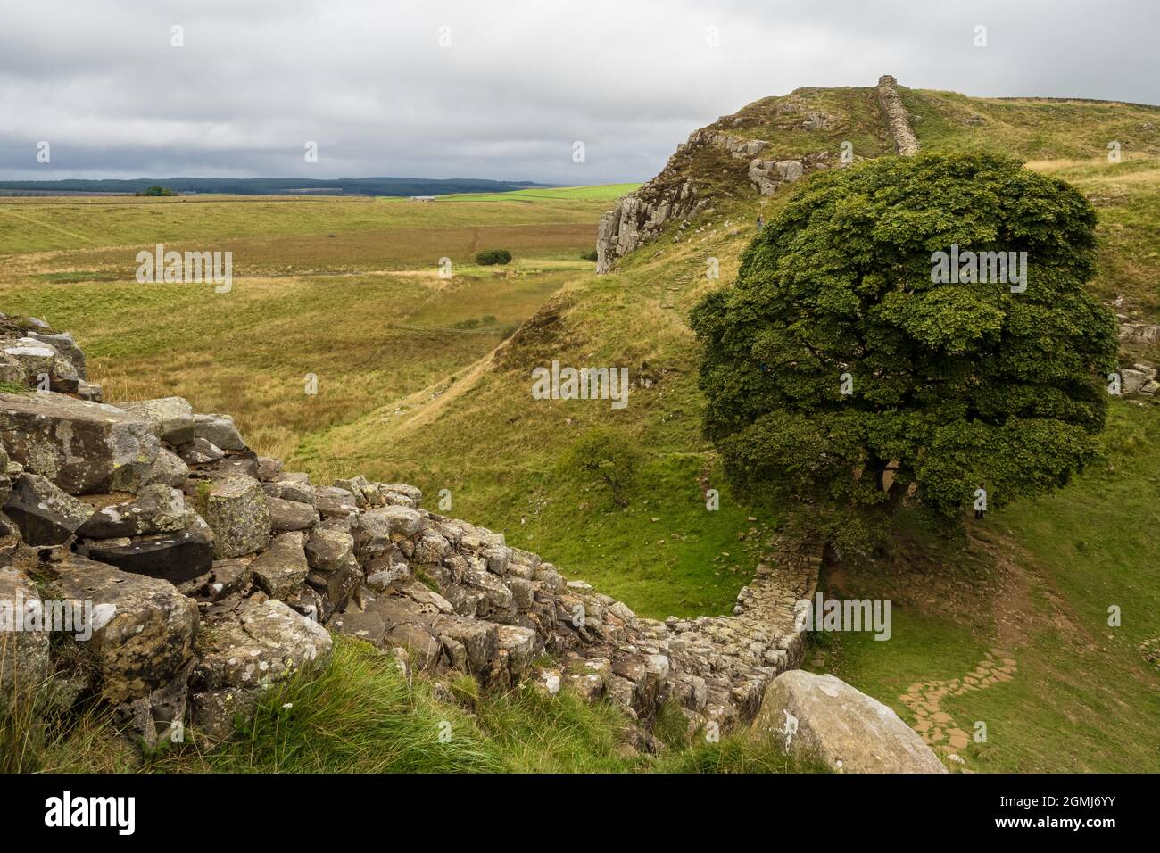 The Hadrian’s Wall Path is an 84 mile (135 km) long National Trail stretching coast to coast across northern England, from Wallsend, Newcastle upon Ty Stock Photo