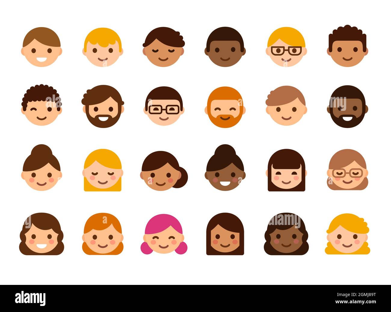 Set of diverse male and female avatars. Men and women with different skin color and hair. Cute and simple flat cartoon vector style. User profile imag Stock Vector