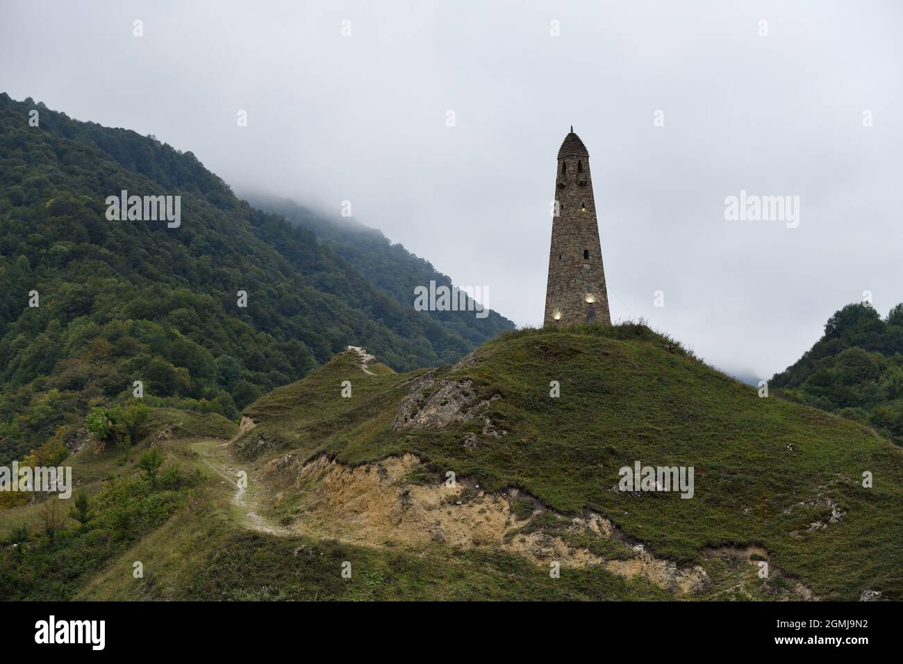 Karacolskiy battle tower shown at dawn, XIV century. Located in the territory of Horachaikul settlements of II-I thousand BC.  Chechen Republic, Veden Stock Photo