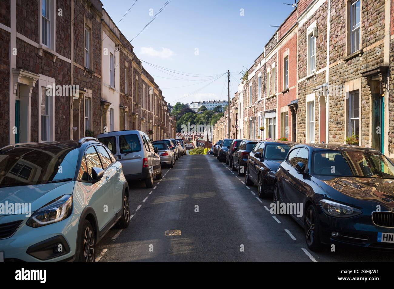 Typical street of Victorian terraced houses in the Cliftonwood neighbourhood of Bristol, UK. Stock Photo