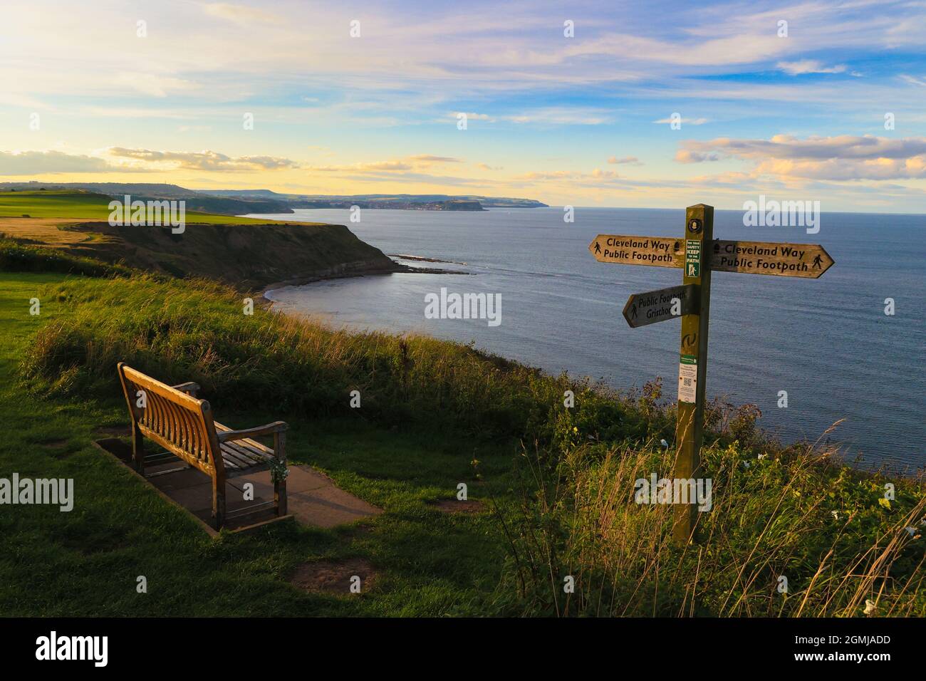 Cleveland Way  with Scarborough in the distance looking out over the sea. Stock Photo