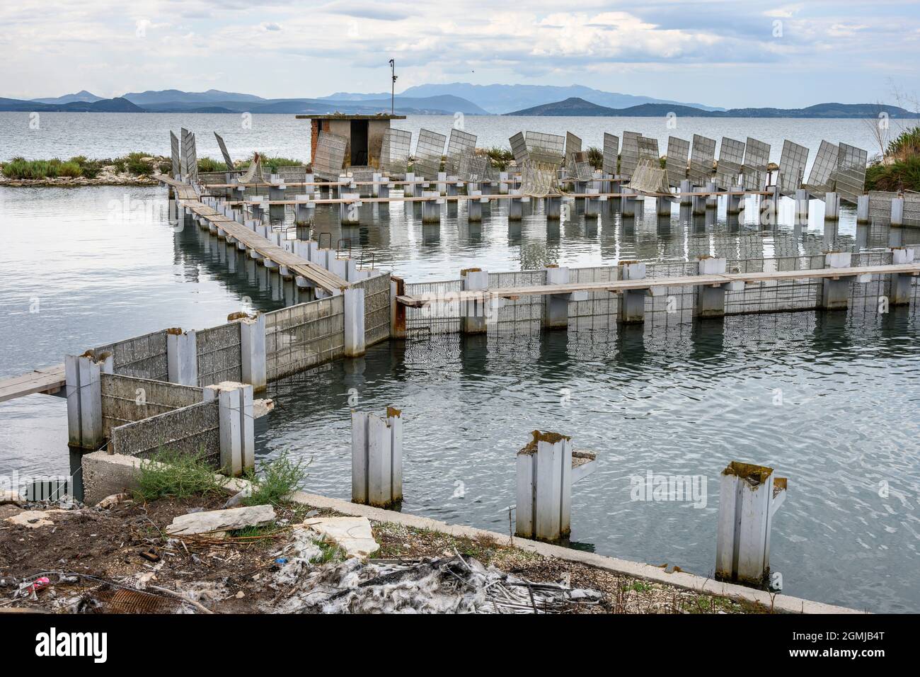 A fish trap on the causeway to Koronisia in the  Ambracian Gulf,  Arta Municipality, Epirus, Greece. Stock Photo