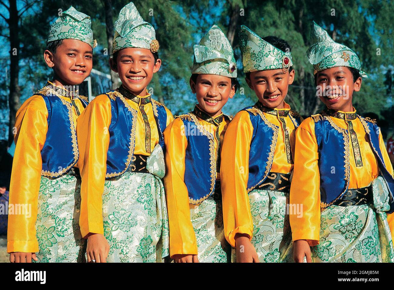 Singapore. Malay boy dancers in traditional costume. Stock Photo
