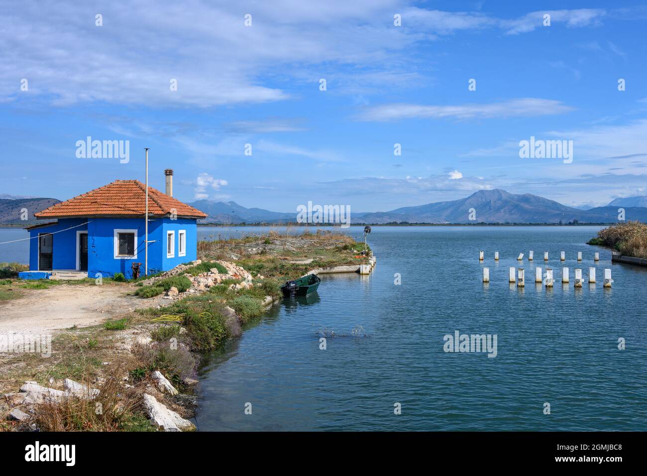 Looking across the Ambracian Gulf from the causway to Koronisia island,  Arta Municipality, Epirus, Greece. Stock Photo