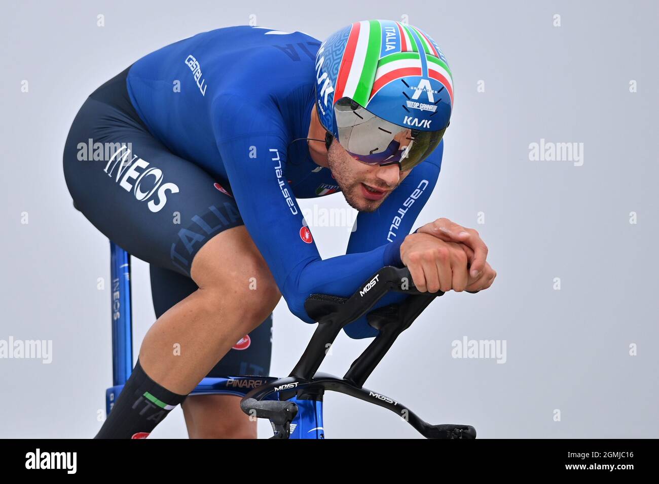 Italian Filippo Ganna of Ineos Grenadiers pictured in action during the men elite time trial race, 43,3 km from Knokke-Heist to Brugge, at the UCI Wor Stock Photo