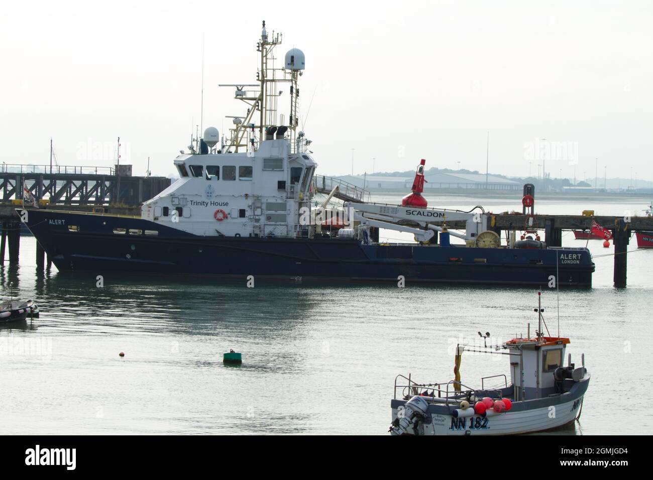 Trinity House 'Alert', a rapid intervention vessel, in dock at Harwich harbour, Essex Stock Photo