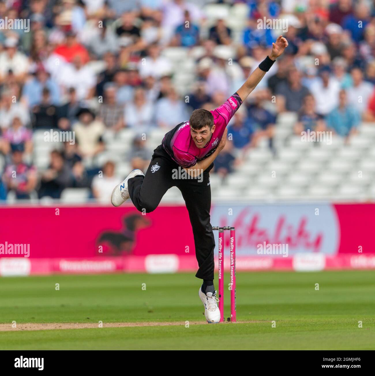 Craig Overton of Somerset bowling in the Vitality Blast T20 Finals Day at Edgbaston. Stock Photo