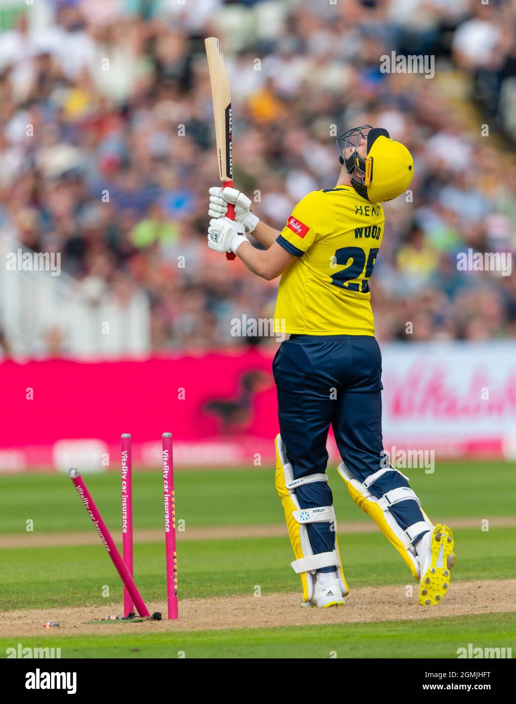 Chris Wood of Hampshire Hawks is bowled by Somerset's Josh Davey in the Vitality Blast T20 Finals Day at Edgbaston. Stock Photo