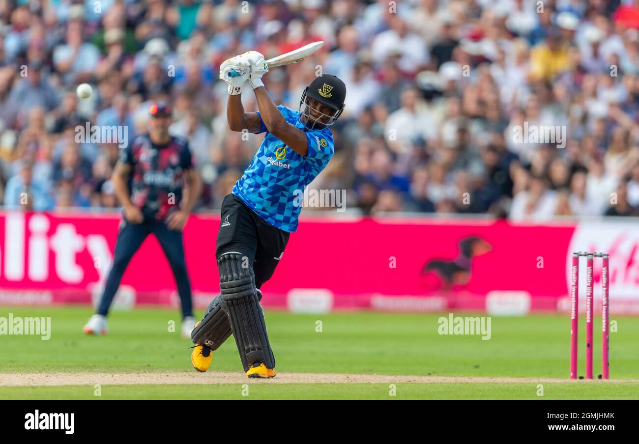 Delray Rawlins batting for Sussex Sharks in the Vitality Blast T20 Finals Day at Edgbaston. Stock Photo