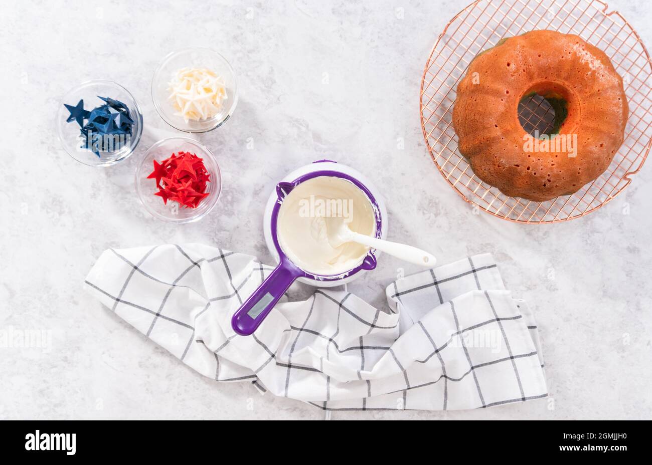 Flat lay. Melting storebought buttercream frosting in candy melting