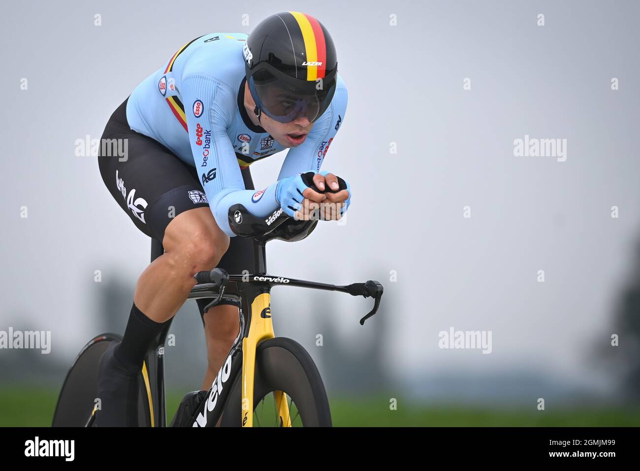 Belgian Wout Van Aert of Team Jumbo-Visma pictured in action during the men elite time trial race, 43,3 km from Knokke-Heist to Brugge, at the UCI Wor Stock Photo
