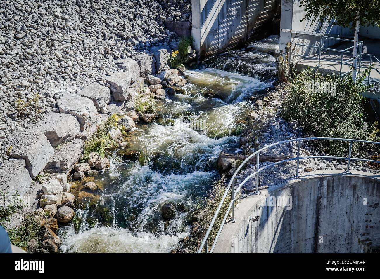 Thornbury fishway or fish ladder allows fishes such as salmon and rainbow trout to swim upstream and spawn or laid eggs during the fall season, in Tho Stock Photo