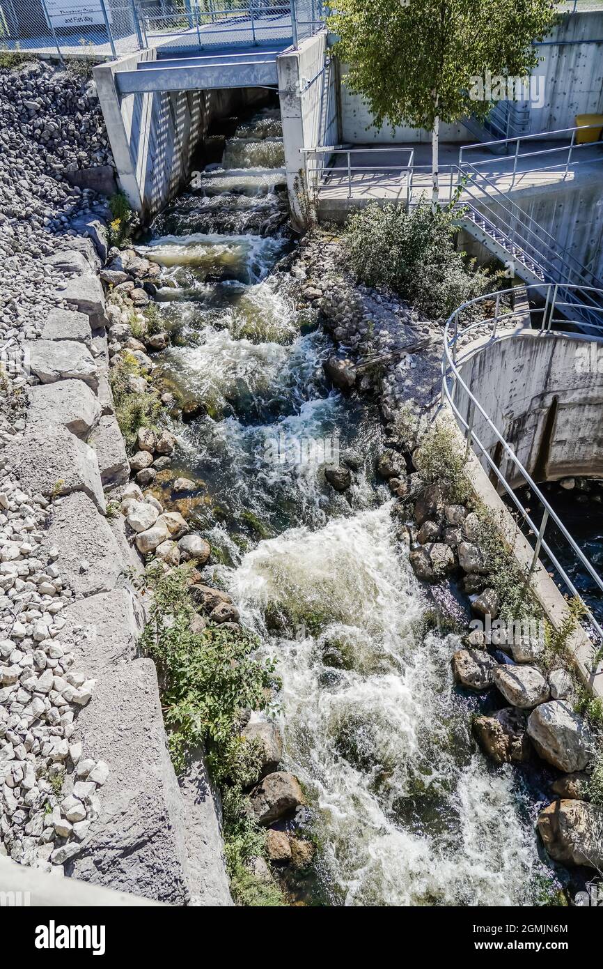 Thornbury fishway or fish ladder allows fishes such as salmon and rainbow trout to swim upstream and spawn or laid eggs during the fall season, in Tho Stock Photo