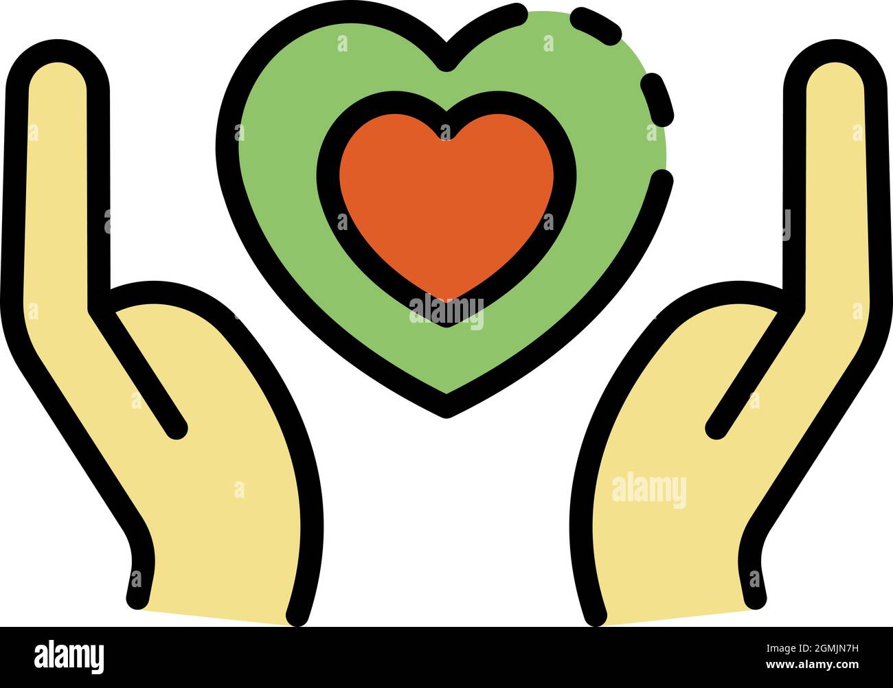Palms and heart in heart icon. Outline palms and heart in heart vector ...