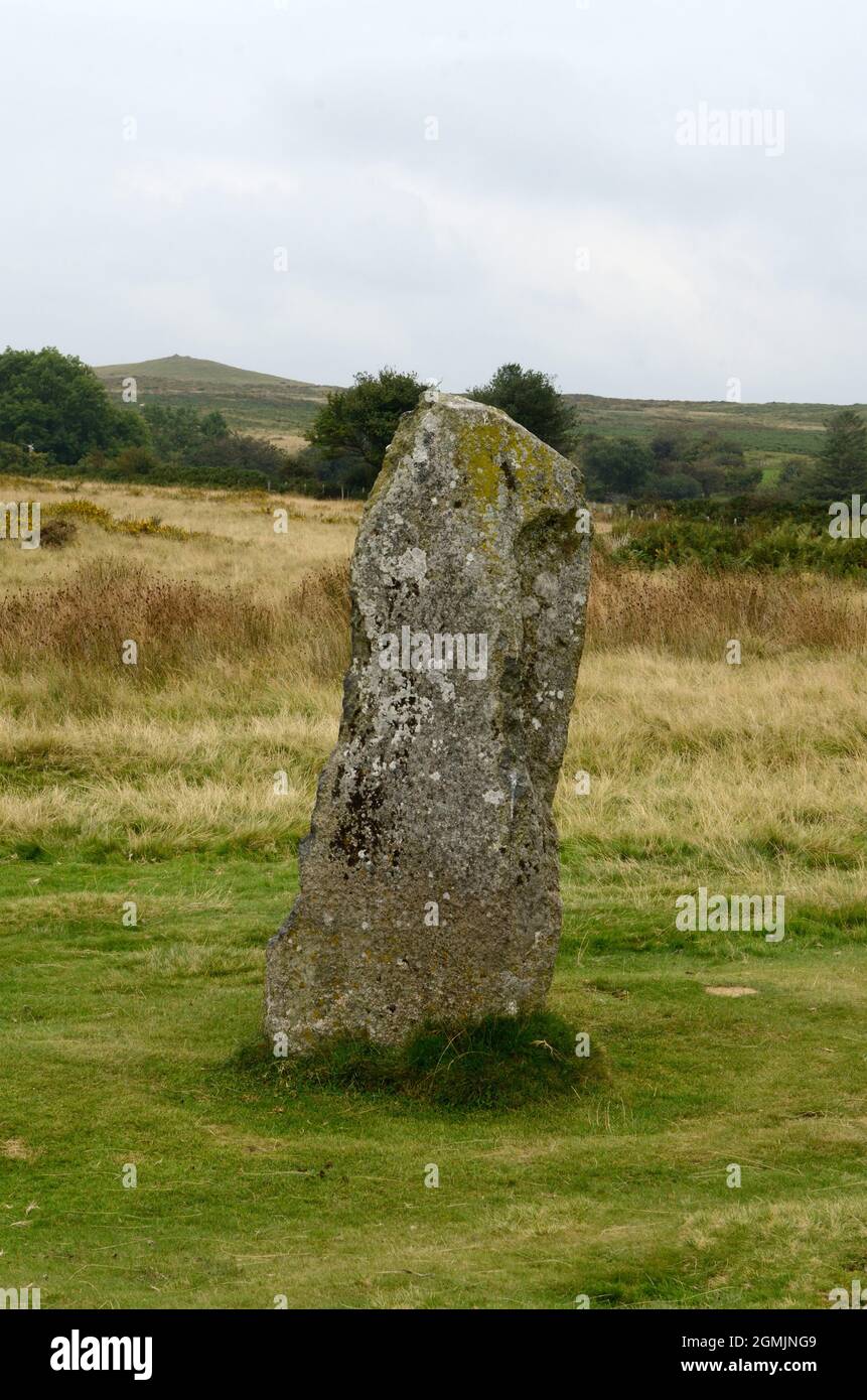 Standing Stone at Mitchells Fold Bronze Age Circle circle towards Stapeley Hill Torr Shropshire England UK Stock Photo