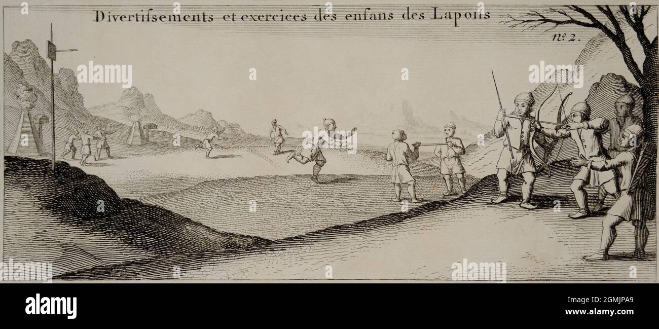 An early image of a native Laplander youngsters exercising outdoors sports. They are playing ball game. The others are training high jump. The archery Stock Photo
