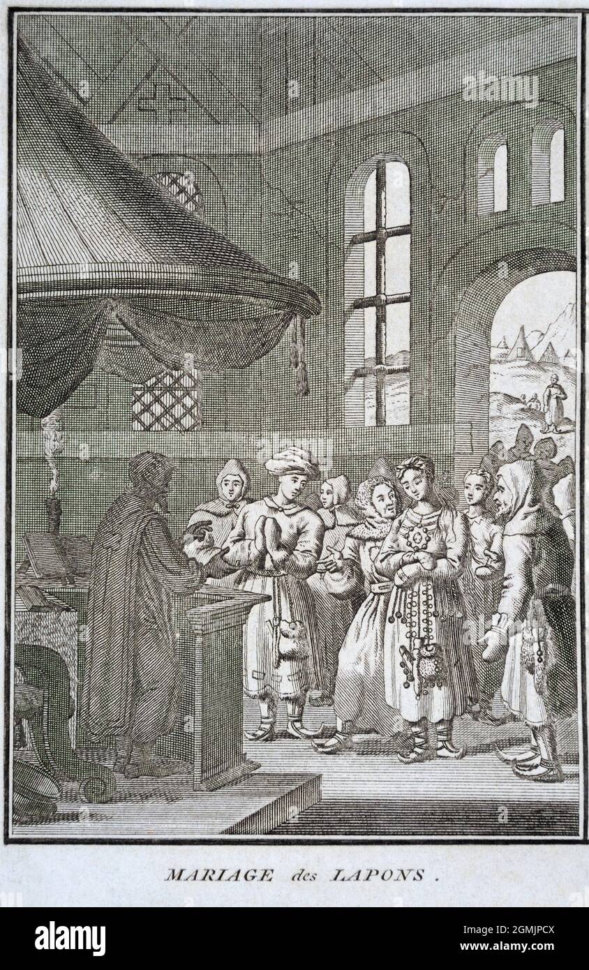 An early image of a native Laplanders'  Christian marriage ceremony. An original copper plate image from 1720 by Bernard Picart, (1673-1733) and David Stock Photo