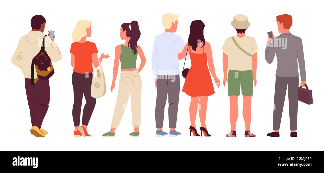 Cartoon male female characters standing, wearing casual clothes, girl student in jeans, young businessman collection isolated on white. Man woman set, crowd of people backside view vector illustration Stock Vector