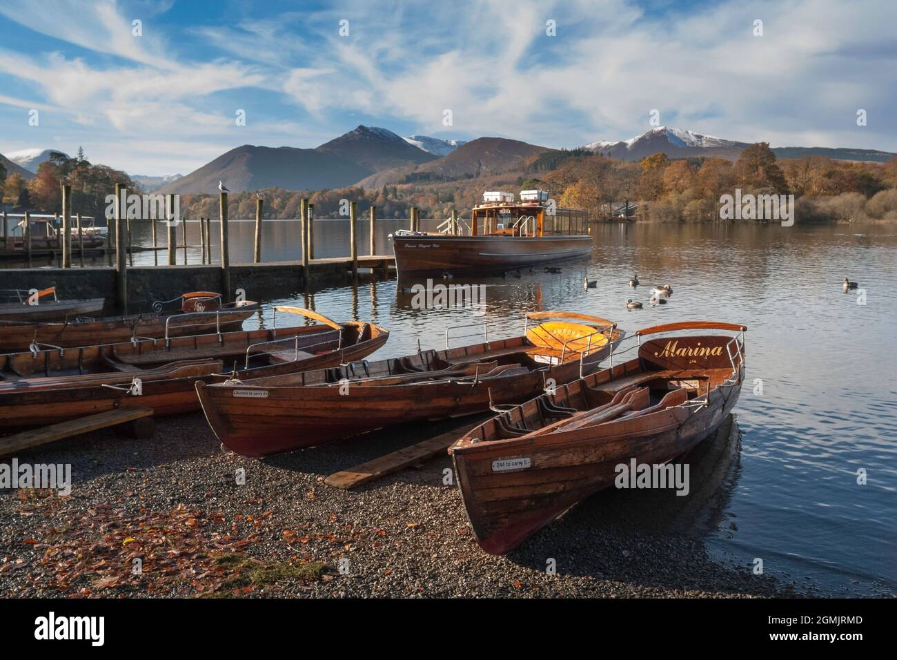 Derwentwater, at 3 miles long, 1 mile wide and 72 feet deep, is fed by the River Derwent catchment area in the high fells at the head of Borrowdale, a Stock Photo