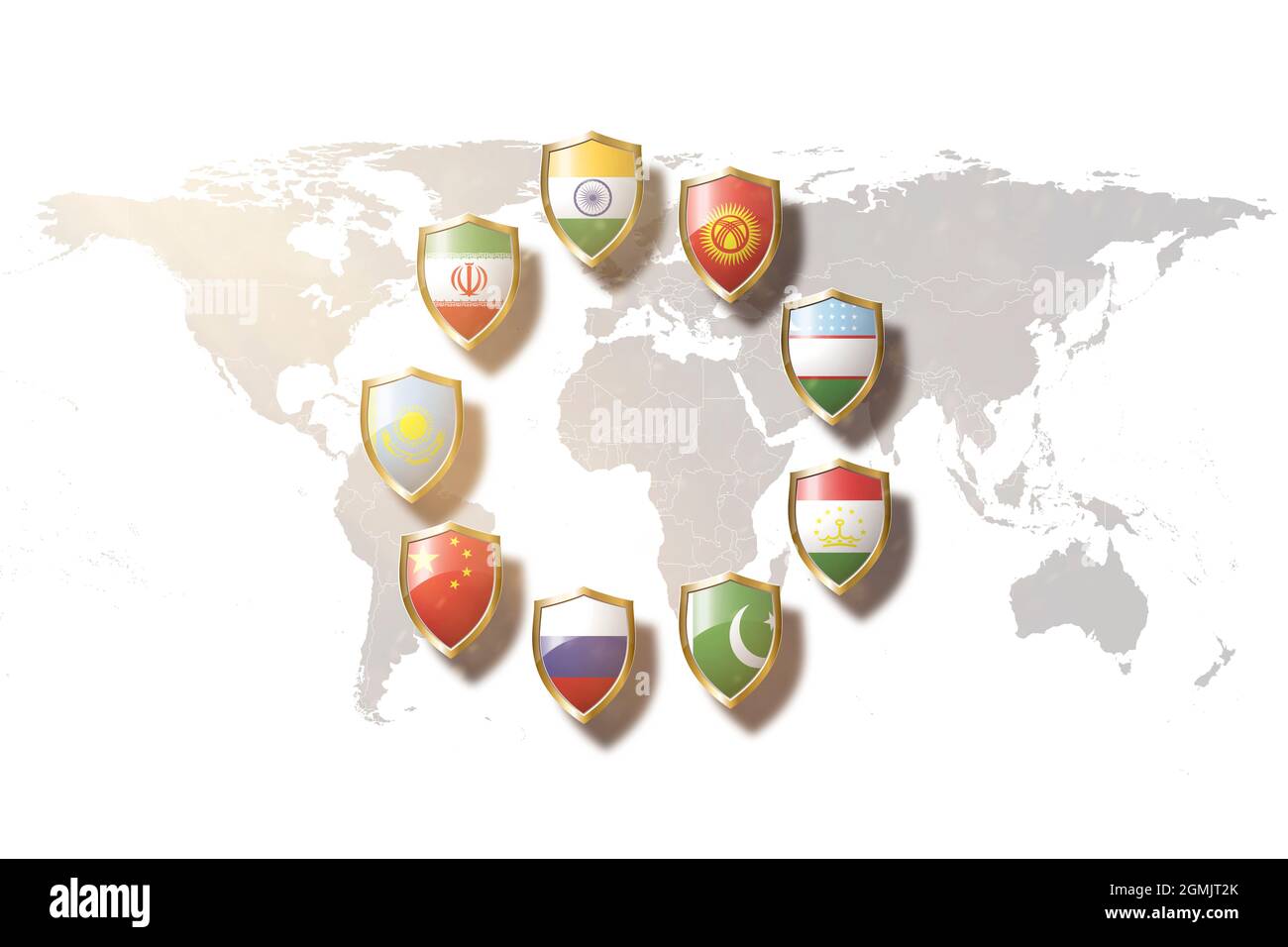 Shanghai Cooperation Organization (SCO) countries flags in golden shield on world map background.sco new permanent member iran. Stock Photo