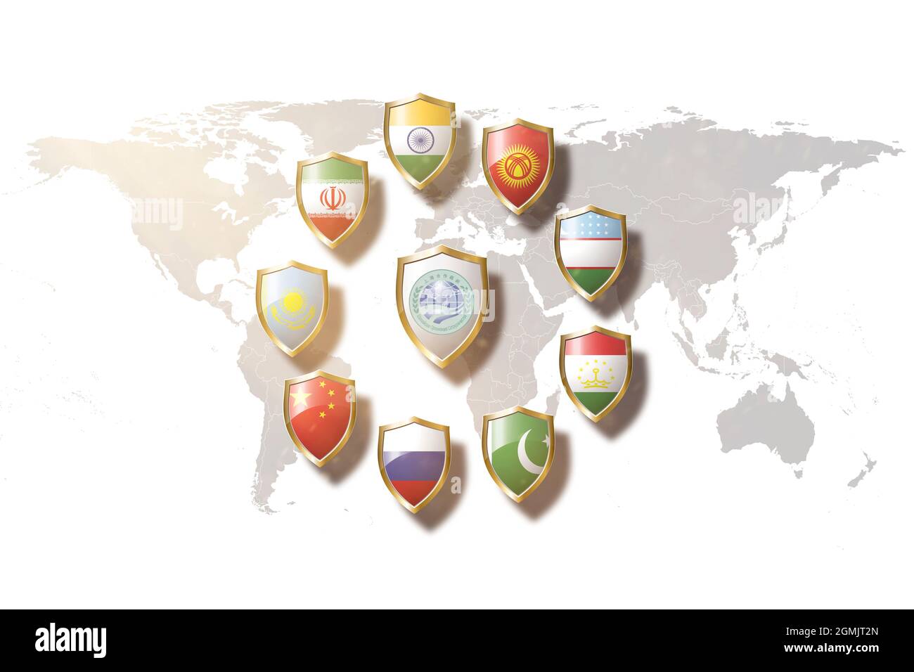 Shanghai Cooperation Organization (SCO) countries flags in golden shield on world map background.sco new permanent member iran. Stock Photo
