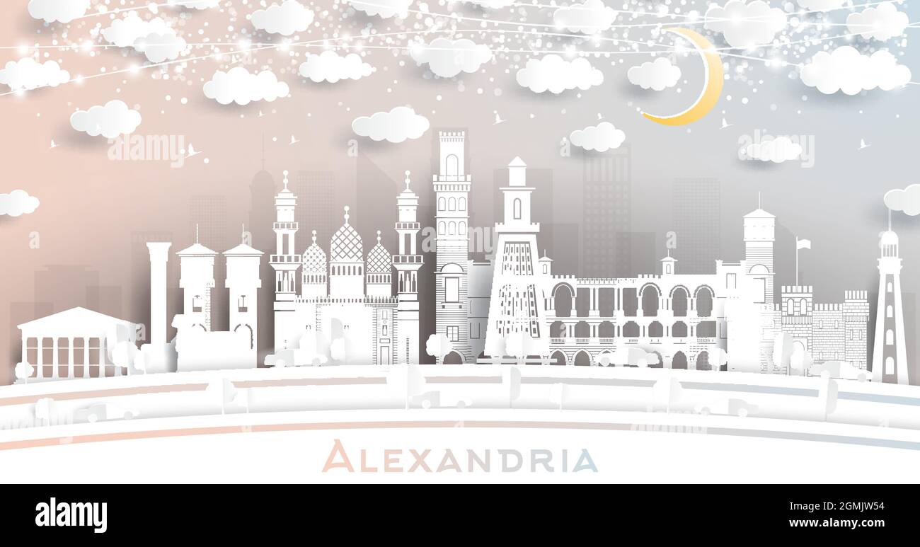 Alexandria Egypt City Skyline in Paper Cut Style with White Buildings, Moon and Neon Garland. Vector Illustration. Travel and Tourism Concept. Stock Vector