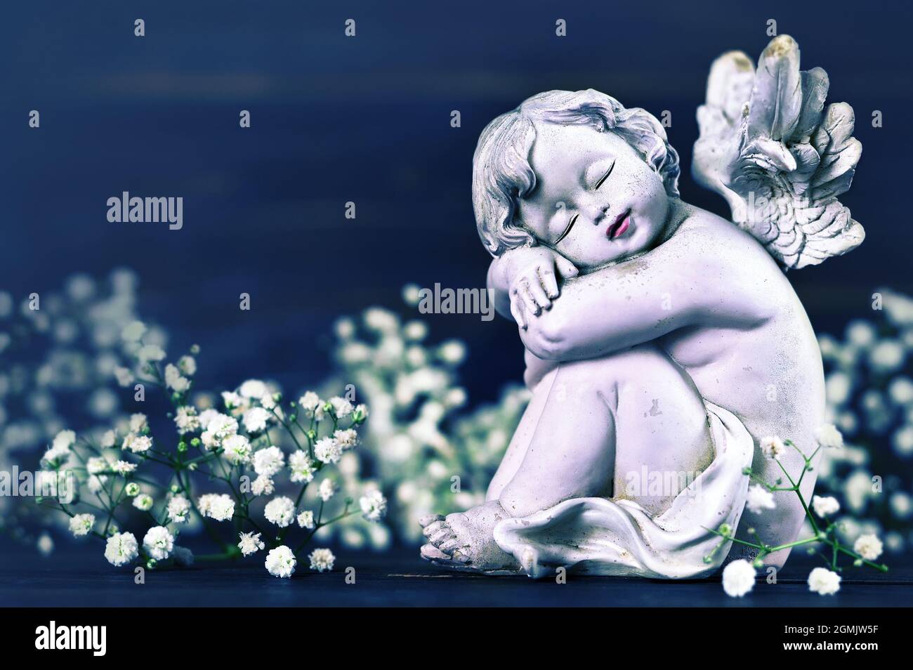 Sympathy card with sleeping angel and white flowers Stock Photo