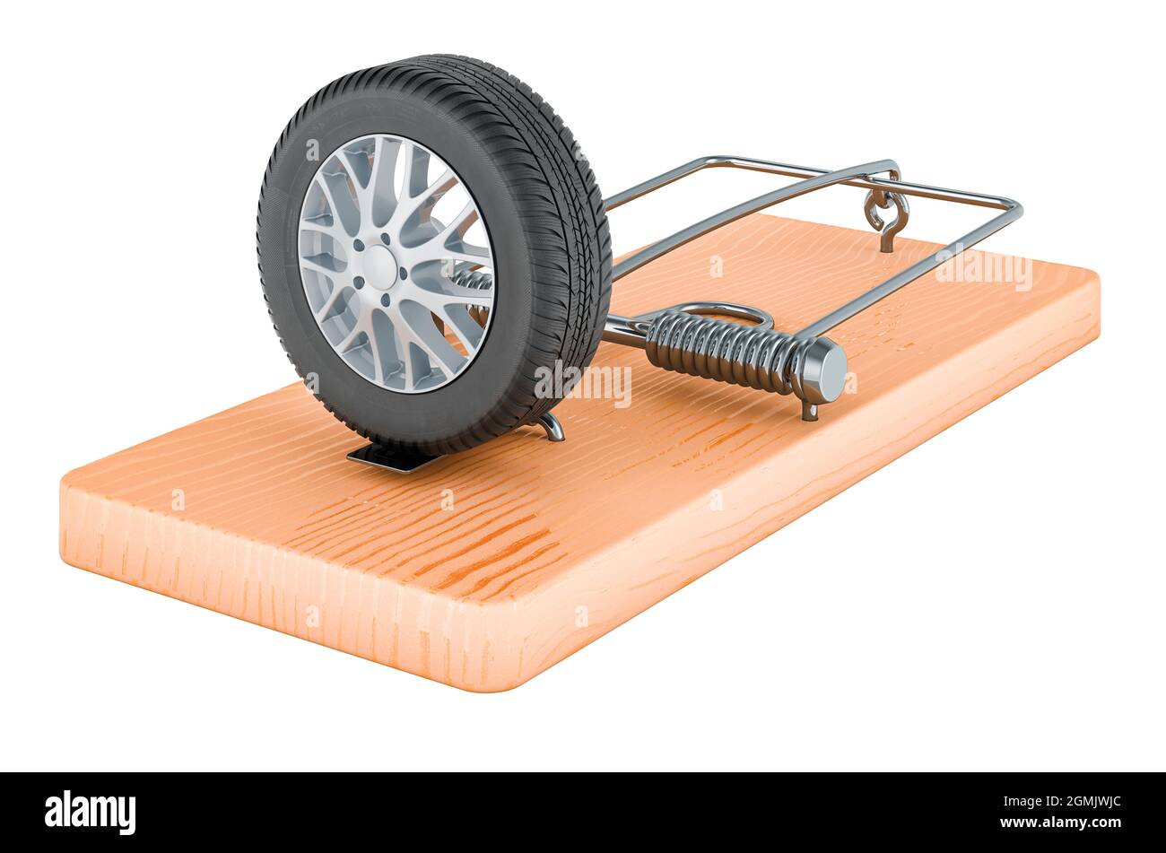 Car wheel inside mousetrap, 3D rendering isolated on white background