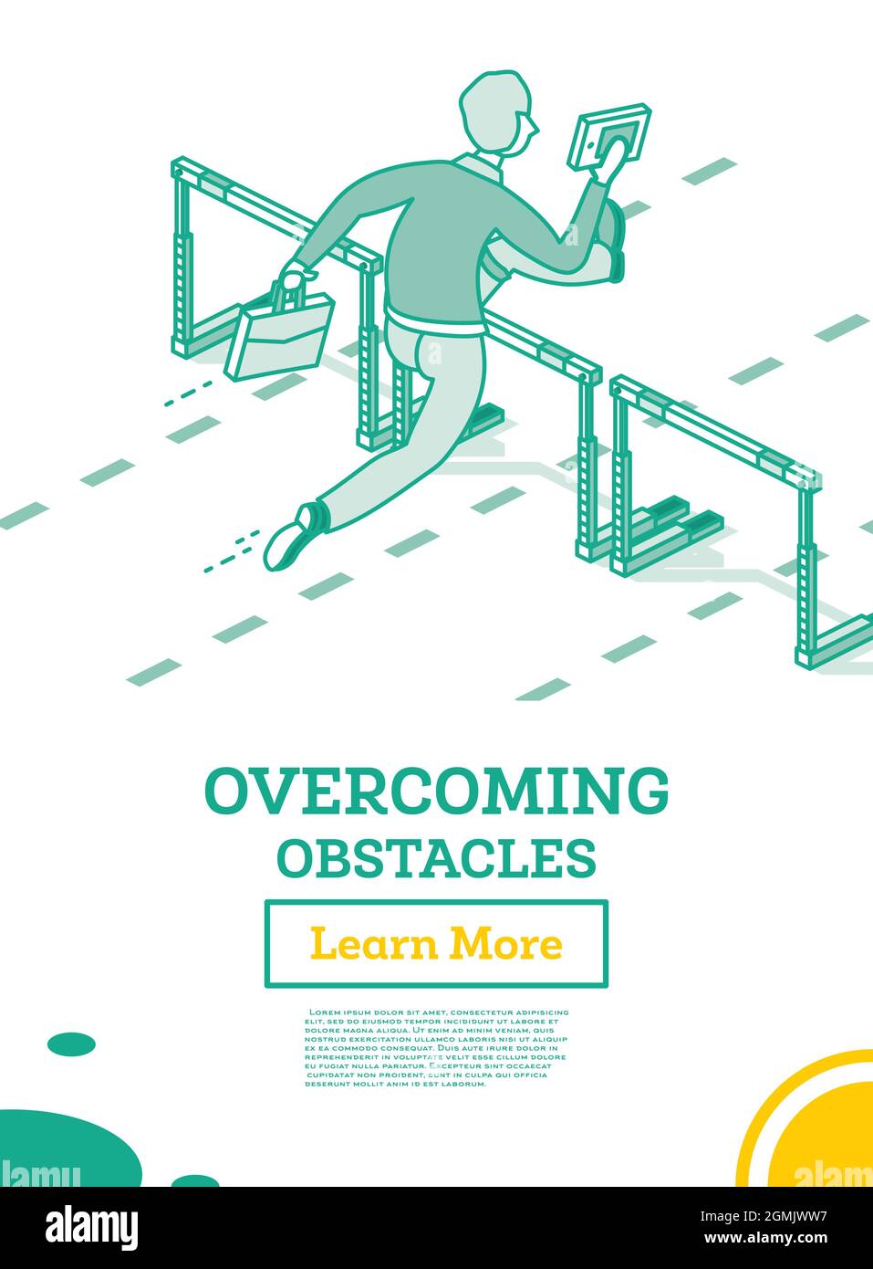 Overcome Business Obstacles. Businessman Jump over Hurdle. Isometric Outline Concept. Vector Illustration. Barrier on Way to Success. Stock Vector