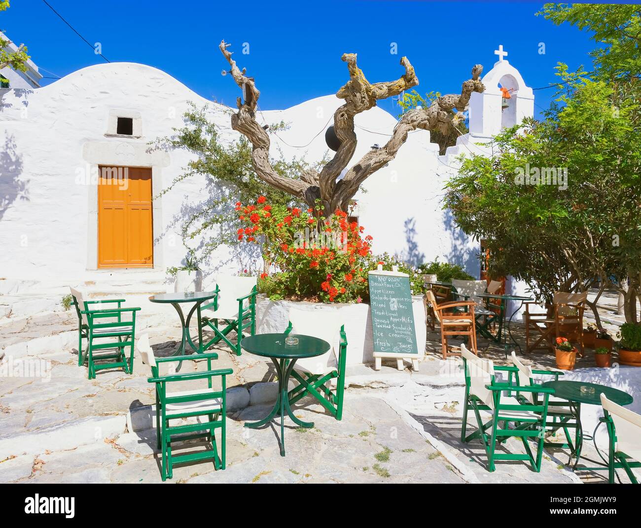 Streetside cafe, Amorgos, Cyclades Islands, Greece, Stock Photo