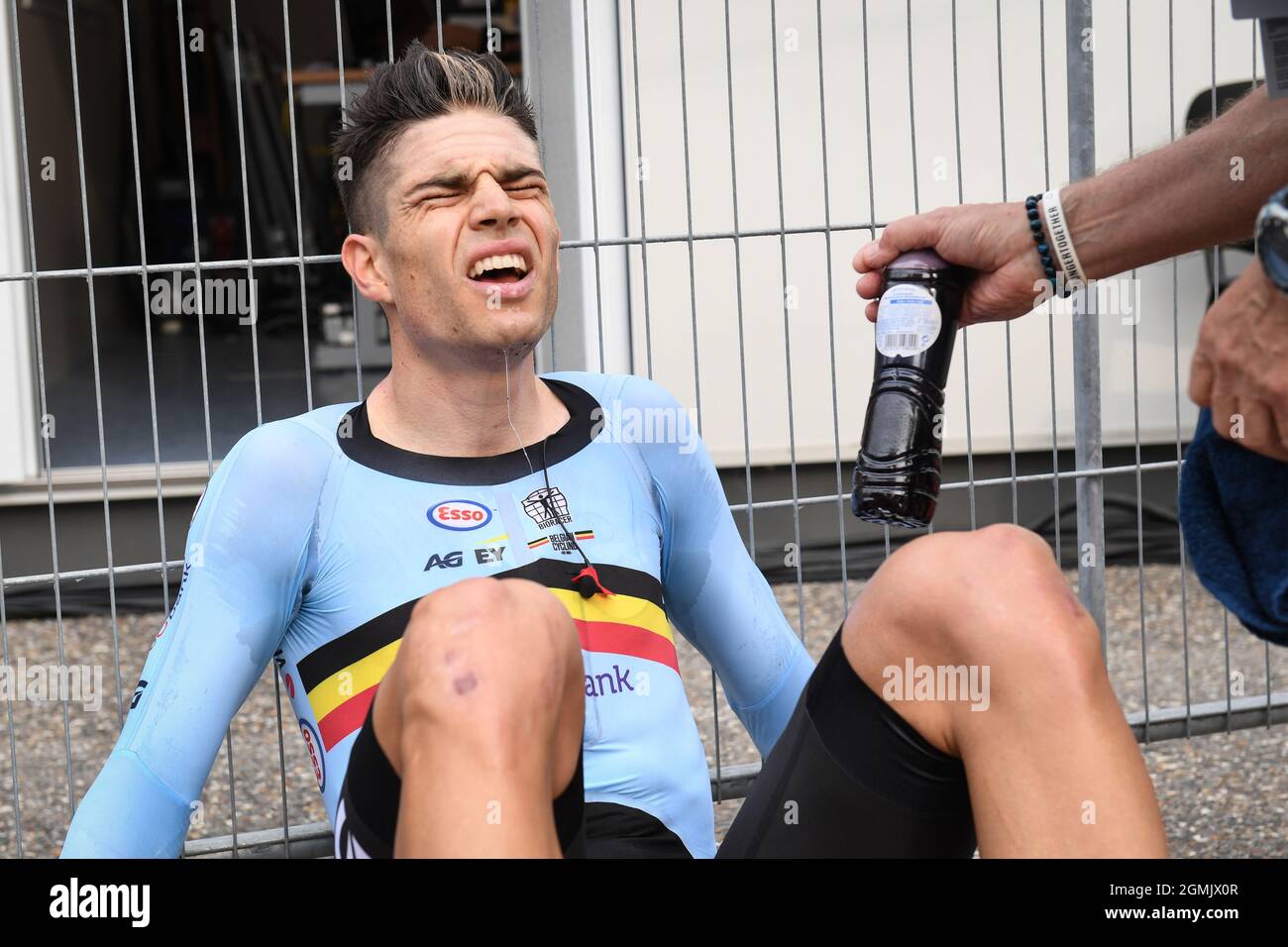 Belgian Wout Van Aert of Team Jumbo-Visma pictured at the finish of the men elite time trial race, 43,3 km from Knokke-Heist to Brugge, at the UCI Wor Stock Photo