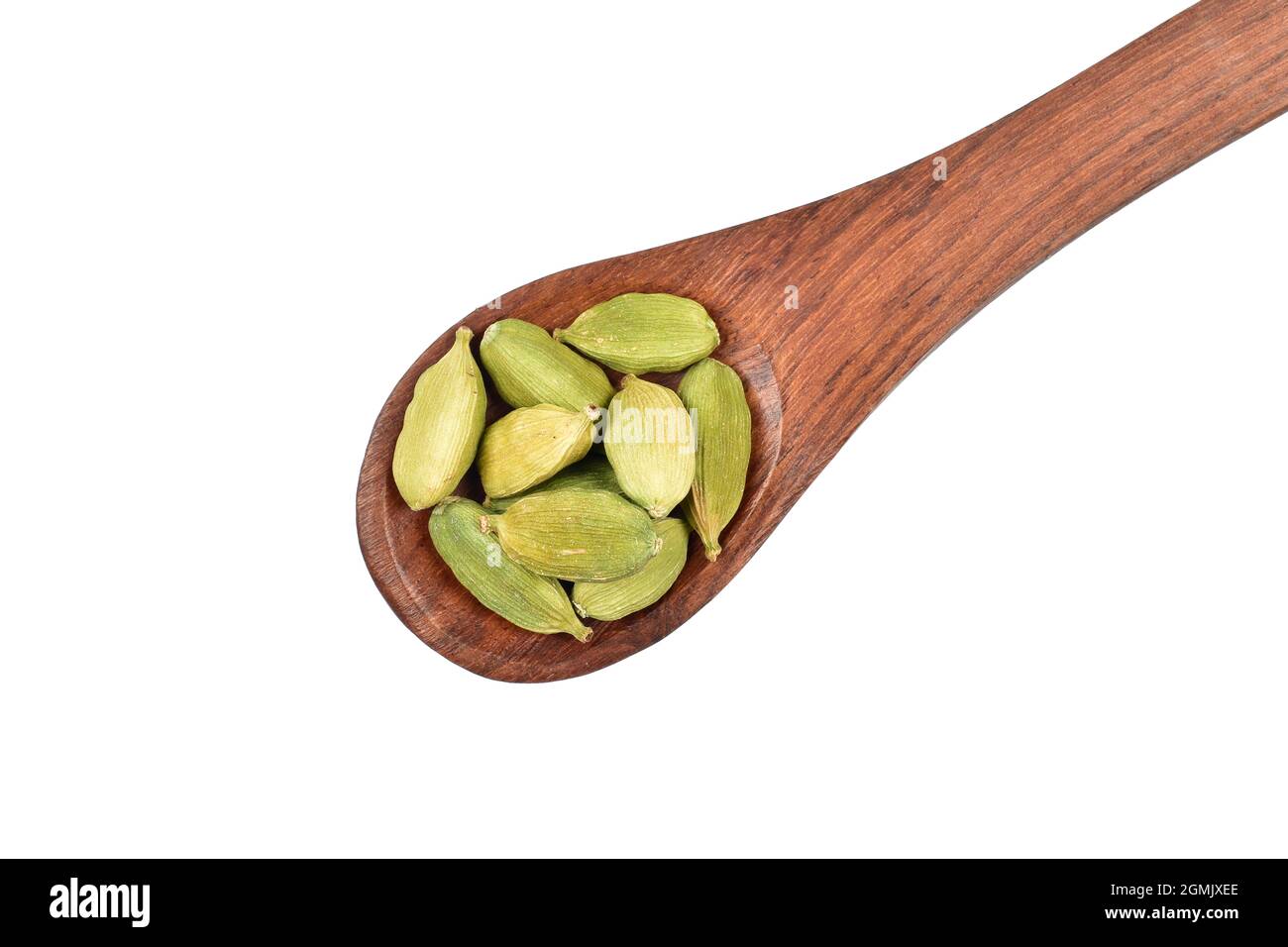 Cardamom in Wooden Spoon Isolated on White Background Stock Photo