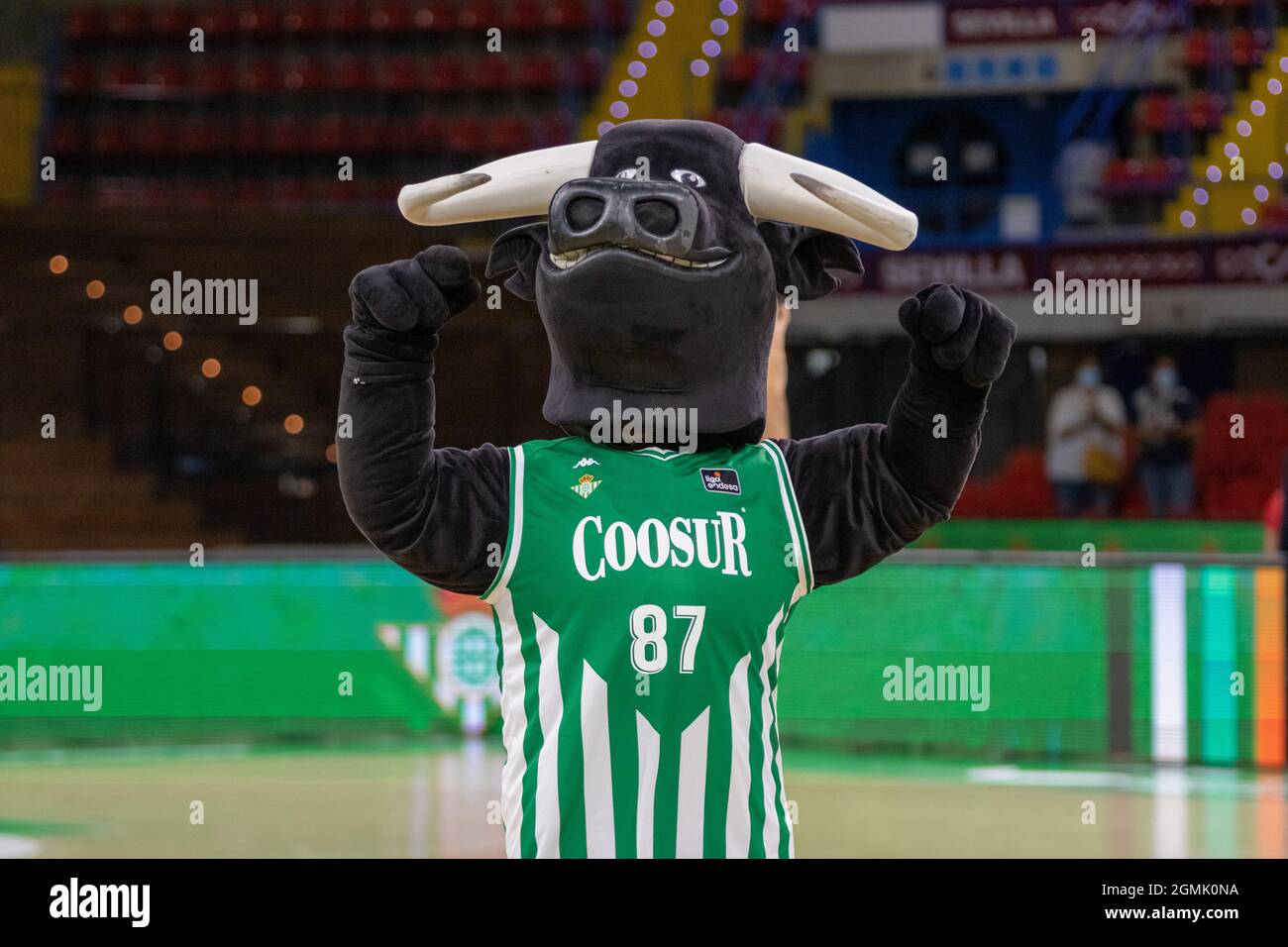 SEVILLE, Spain. 18th Sep, 2021. Mascot of Coosur Real Betis celebrating the  victory during the ACB League's match between Coosur Real Betis and  MoraBanc Andorra at San Pablo Sport Centre, Seville, Spain.Credit: