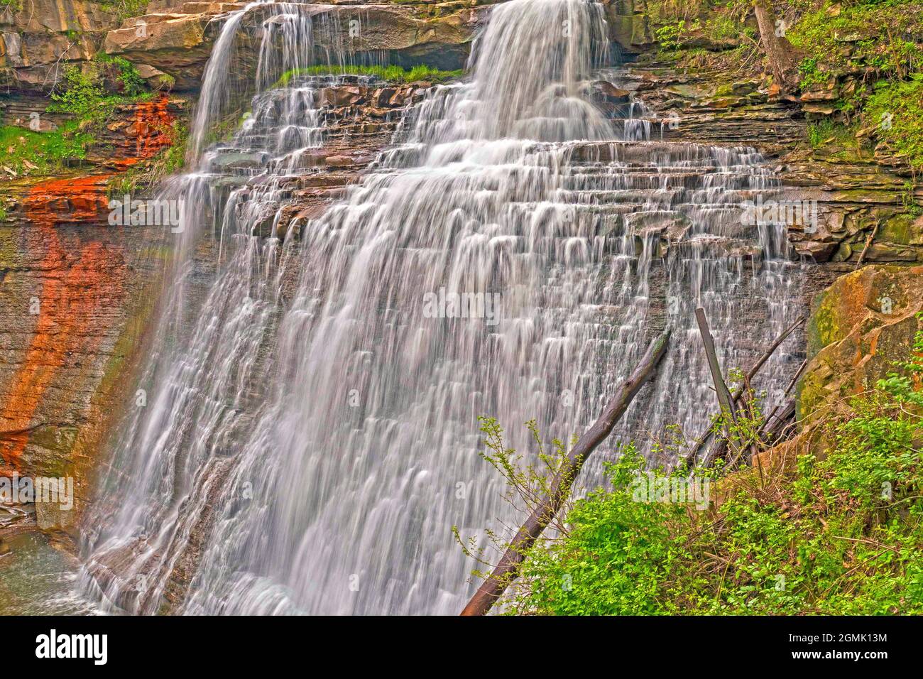Cascading Water in a Forest Canyon at the Brandywine Falls in Cuyahoga Valley National Park in Ohio Stock Photo