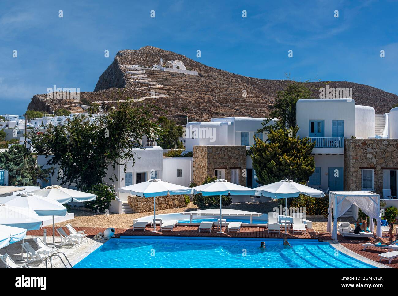 The Chora Resort Hotel and Spa in Chora, Folengondros, Greece in the summer time. Stock Photo