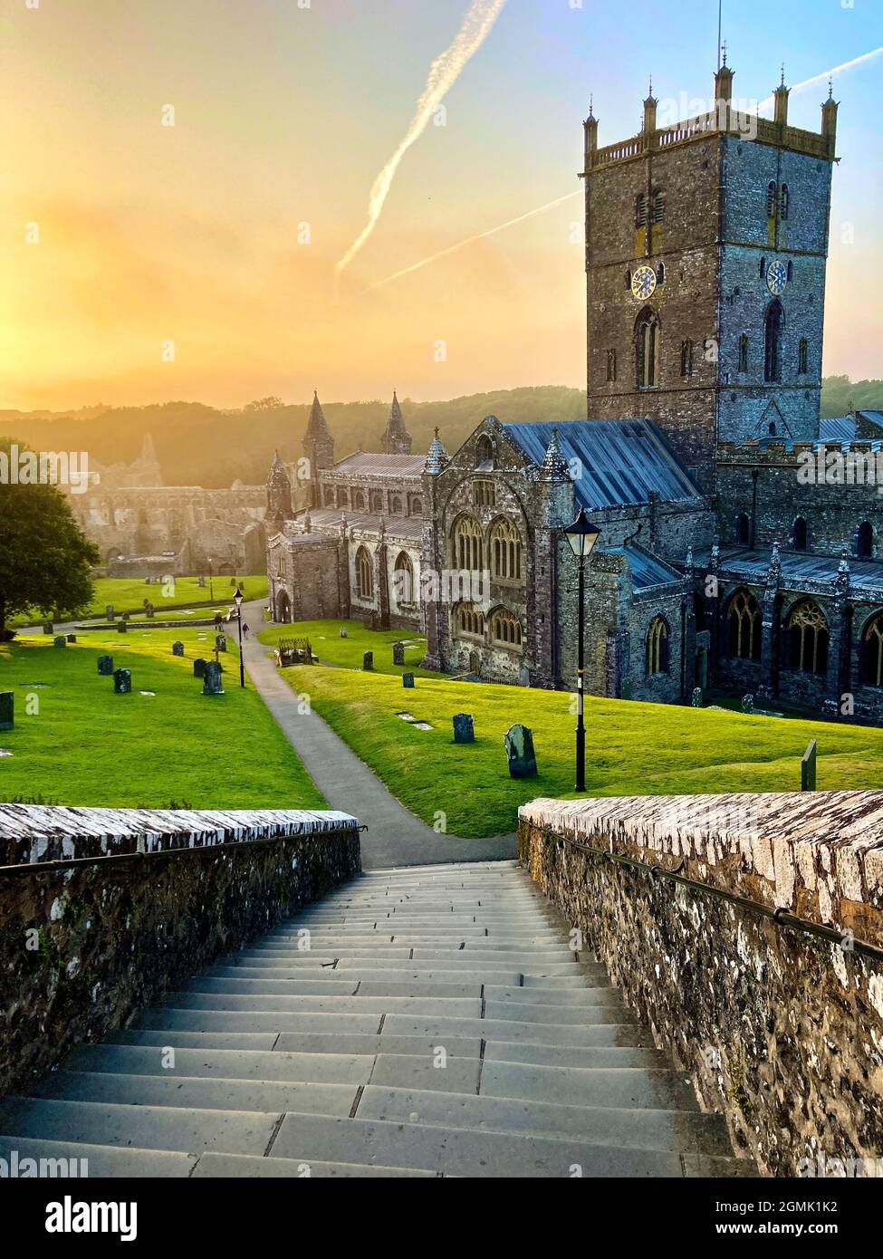 St. Davids cathedral in St David's, Pembrokeshire, South Wales at sunset Stock Photo