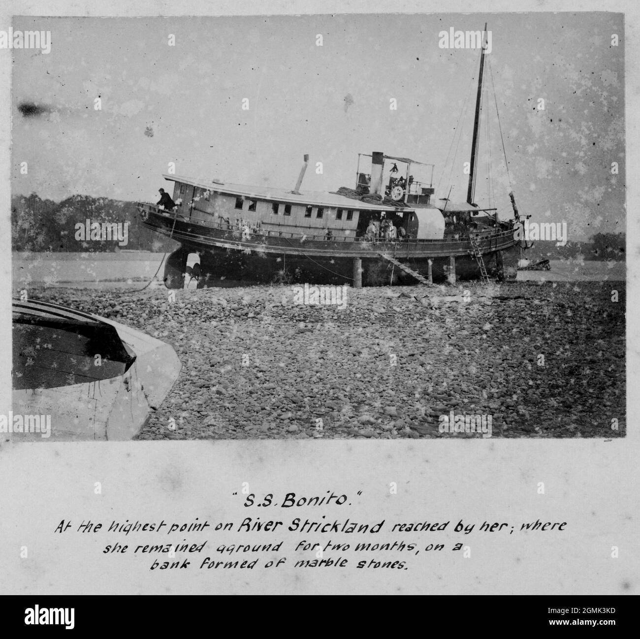 The SS Bonito stranded on the Strickland River in Papua New Guinea during the G.S.A. (Geographical Society of Australasia) New Guinea Exploring Expedition 1885. The ship was refloated after two months. Stock Photo