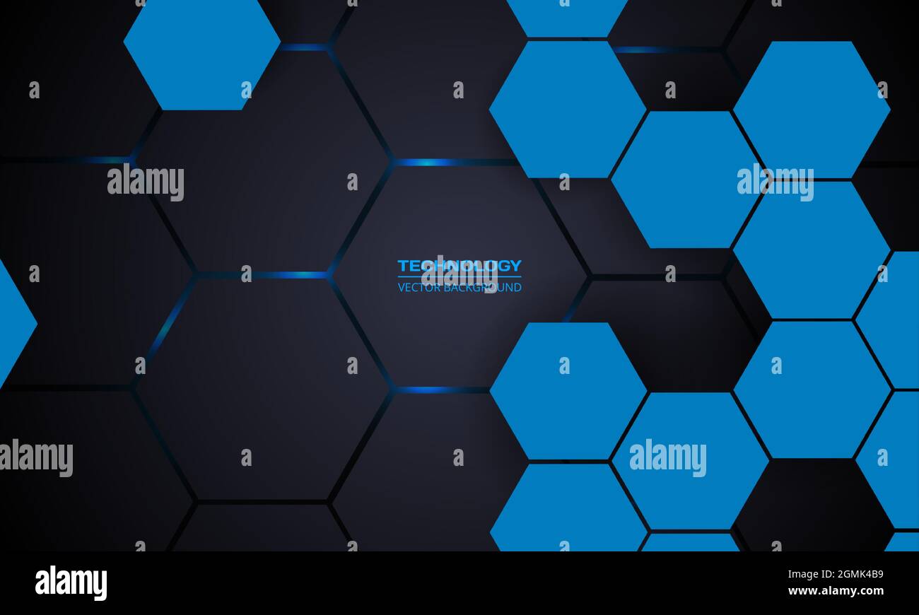 Dark gray hexagonal technology abstract vector background. Blue bright ...