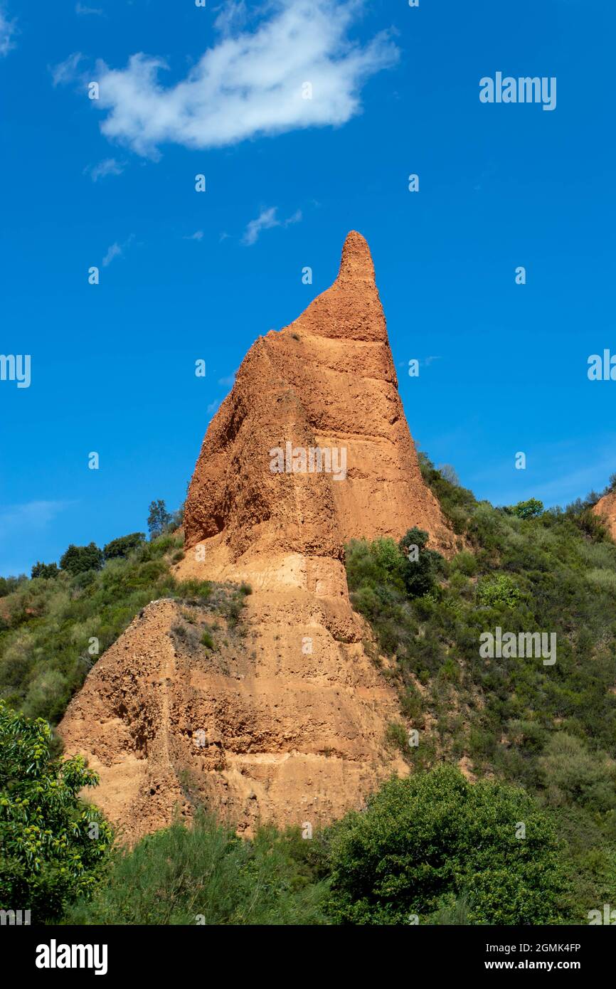 Bright rock peak at the Las Medulas historic gold mining site near the town of Ponferrada in the province of Leon, Castile and Leon, Spain. Stock Photo