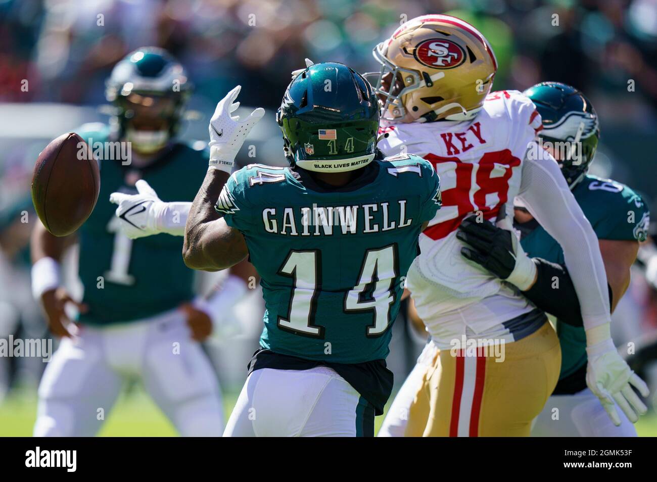 San Francisco 49ers Arden Key (98) reacts on the sideline during