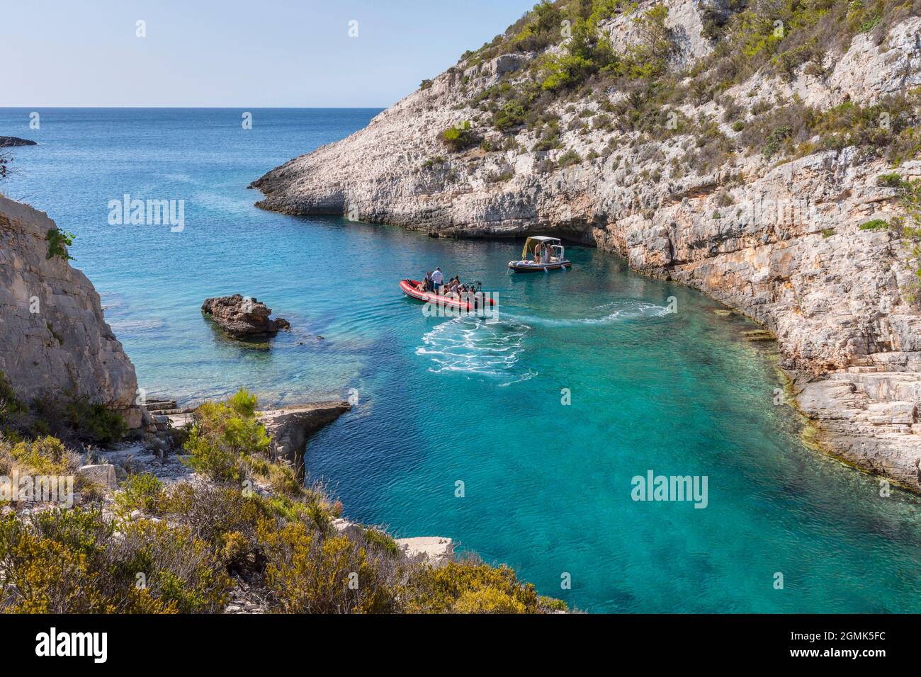 Bay with tourist boats in island Vis Stock Photo