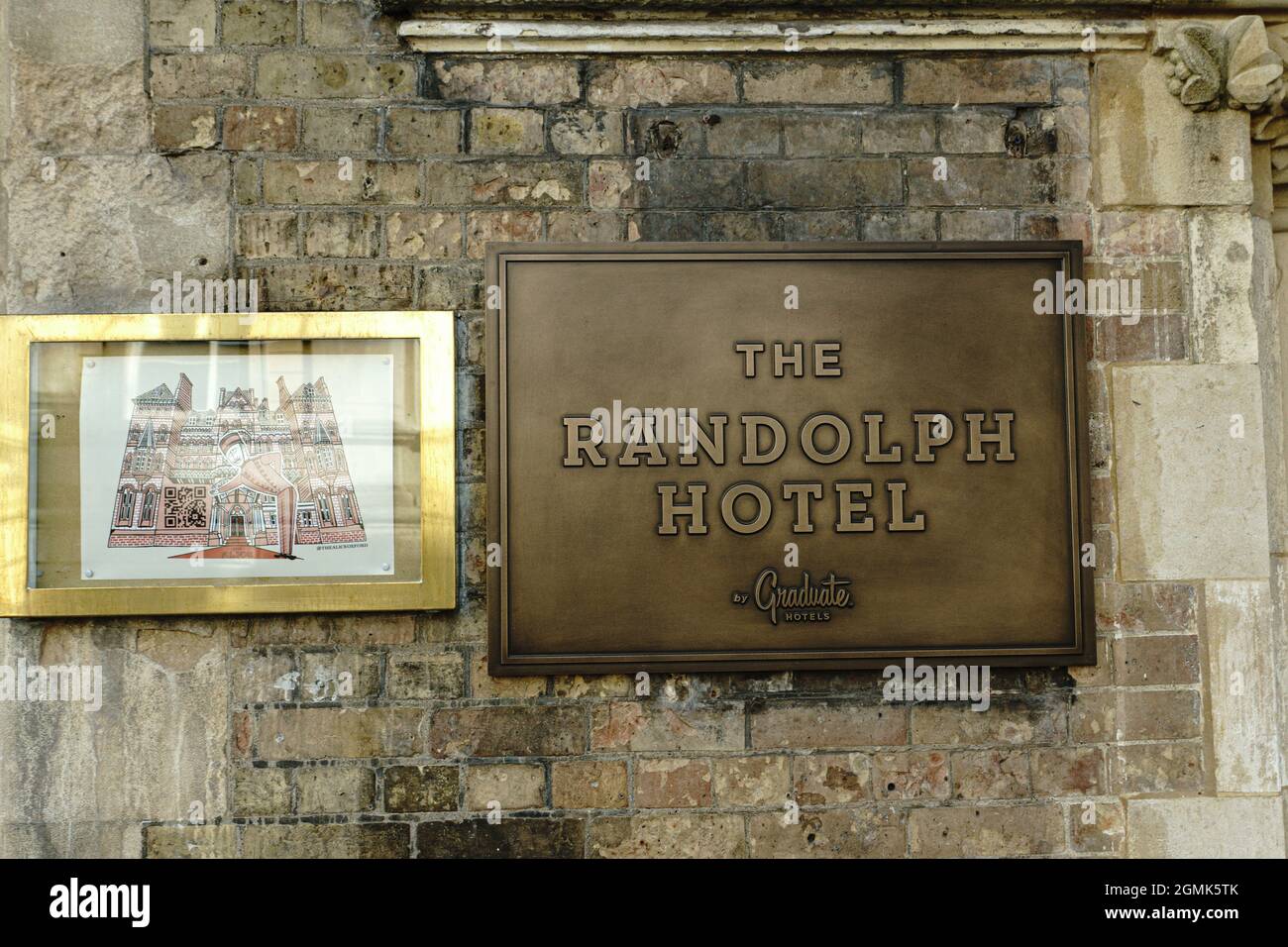 Name plate on the wall outside the newly renovated Randolph Hotel, Oxford, UK. The hotel was bought by the US hotel Graduate group in 2019. Stock Photo