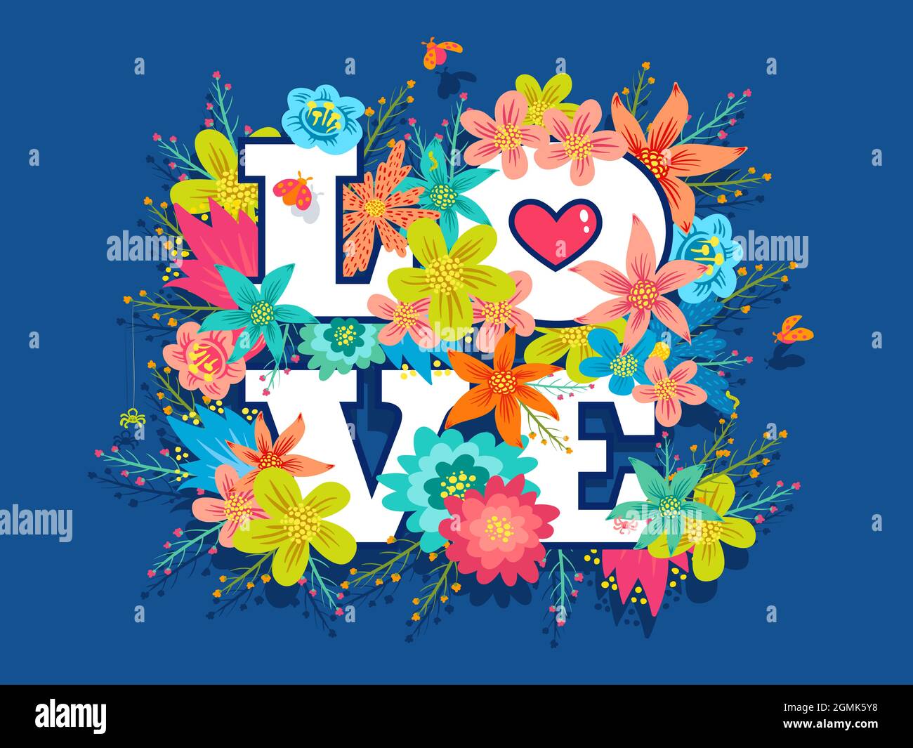 Vector poster with colorful flowers and lettering text Love. Vintage postcard with flowers and letters for Valentine's day. Stock Vector
