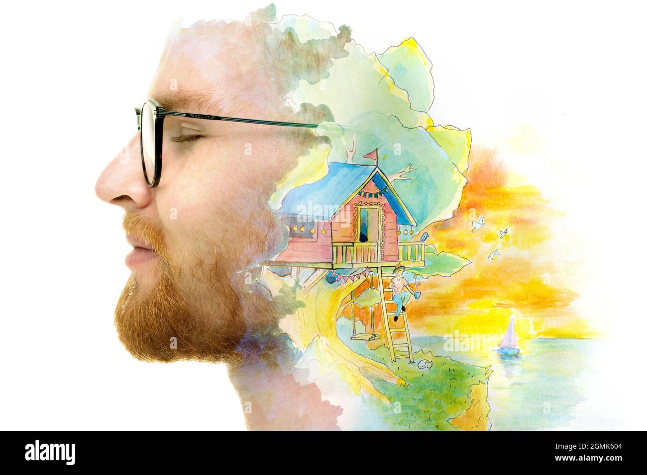 A profile portrait of a man combined with a painting in a double exposure technique. Stock Photo