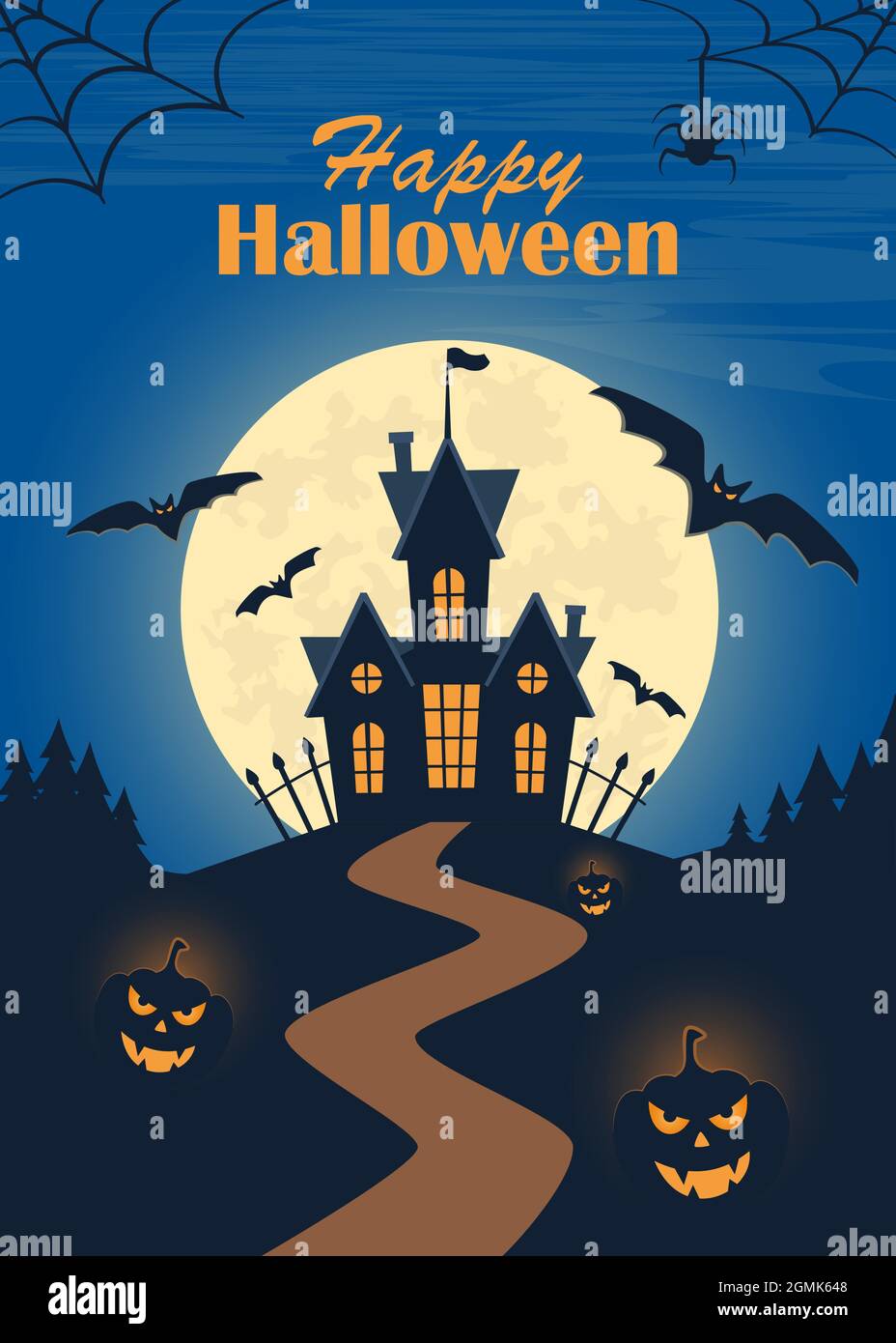 Halloween poster, scary party invitation flyer, banner. Dark castle, moon, bats, graves, tombstones, crosses, tree owl pumpkins Halloween night vector Stock Vector