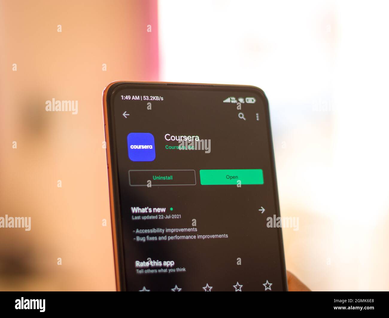 West Bangal, India - August 21, 2021 : Coursera logo on phone screen stock image. Stock Photo