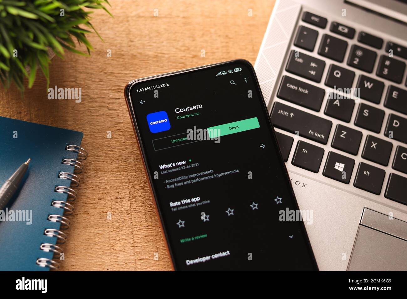 West Bangal, India - August 21, 2021 : Coursera logo on phone screen stock image. Stock Photo
