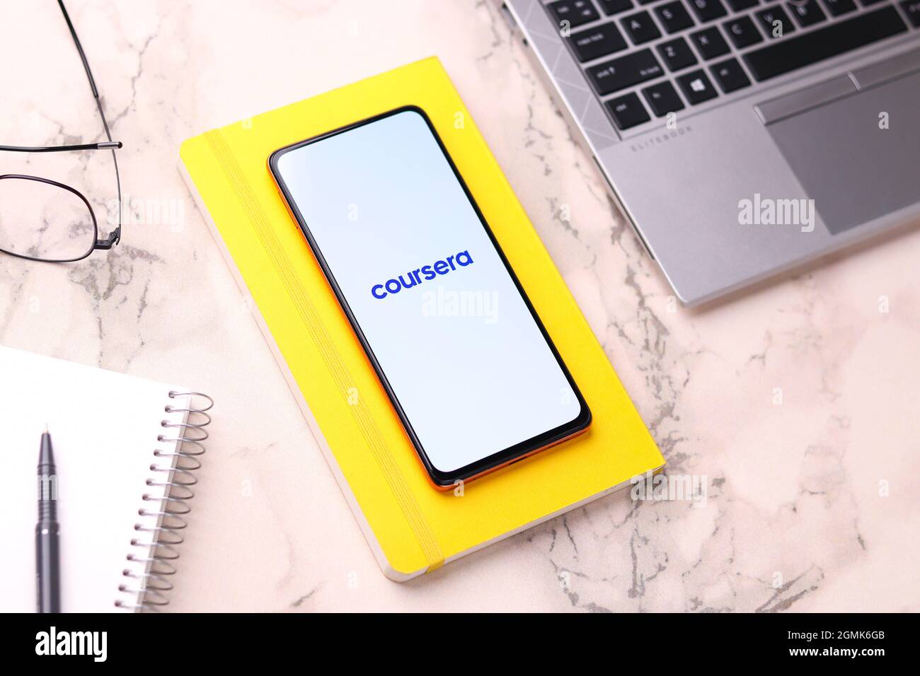 West Bangal, India - August 21, 2021 : Coursera logo on phone screen stock image. Stock Photo