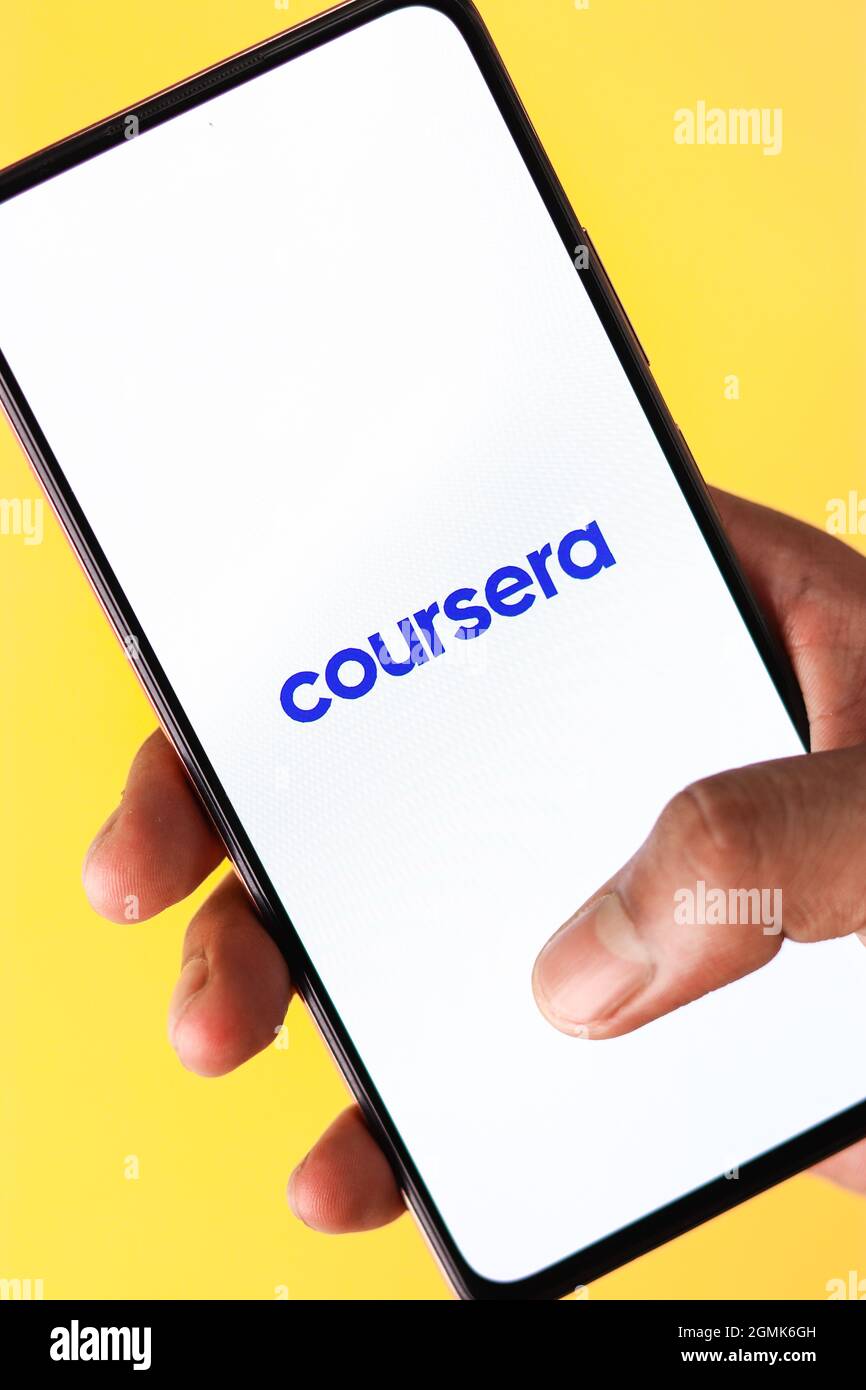 West Bangal, India - August 21, 2021 : Coursera logo on phone screen stock image. Stock Photo